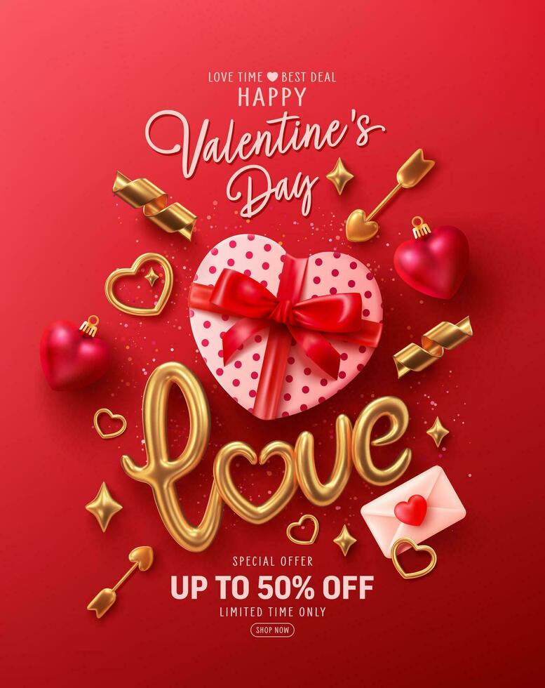 Valentine's day banner template with Heart Shaped Gift Box,golden text Love and golden love 3D Icons.Vector of poster or banner for Valentine's day.Greetings and presents for love concept. vector
