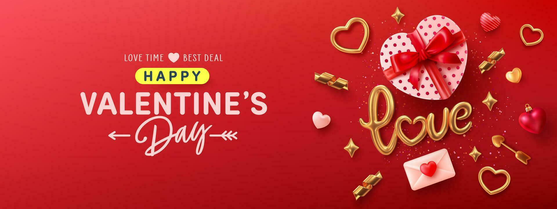 Valentine's day banner template with Heart Shaped Gift Box,golden text Love and  love 3D Icons.Vector of Valentine's day poster or banner.Greetings and presents for love or Valentine's day concept. vector