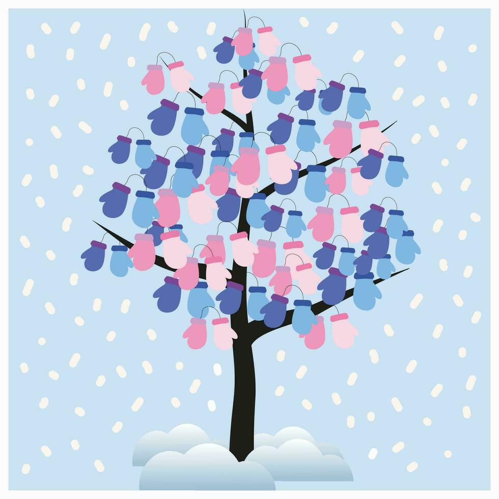 illustration of a winter tree with mittens instead of leaves. Snowdrifts and snow. New Year. It can be used for postcards, poster, magazines, children's books. vector