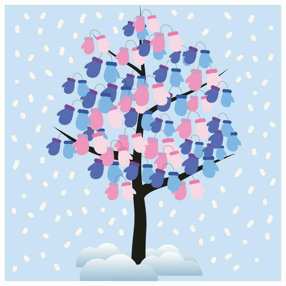 ilustración de un invierno árbol con mitones en lugar de hojas. ventisqueros y nieve. nuevo año. eso lata ser usado para postales, póster, revistas, para niños libros. vector