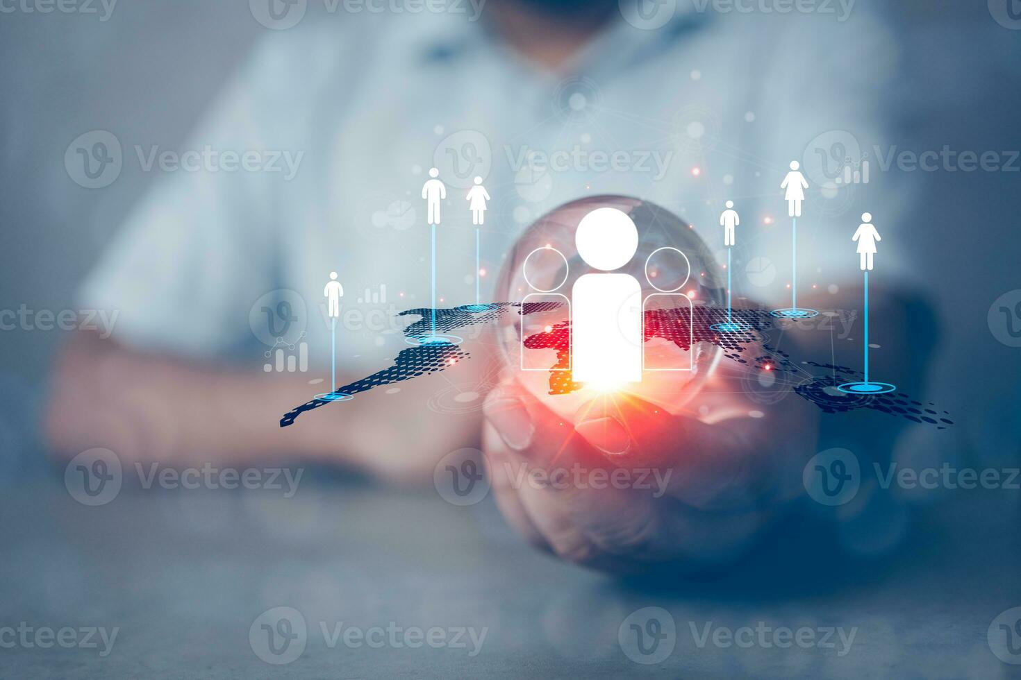 Businessman hand show virtual global and map with target customer. Customer service. Global structure customer network photo