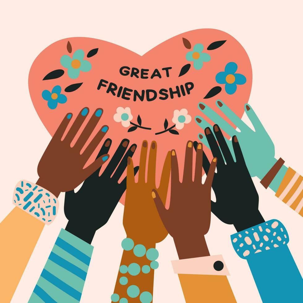 illustration with hands of different colors. The concept of solidarity and friendship of women of different races. Feminist positive vector. One Heart, text. , International Women's Day. vector