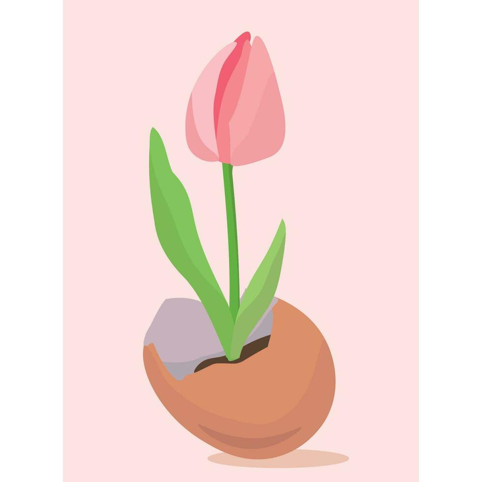 Vector illustration of the Tulip growing in an eggshell. Pastel colors, green, pink, beige. Easter. For postcards, invitations, children's magazines.