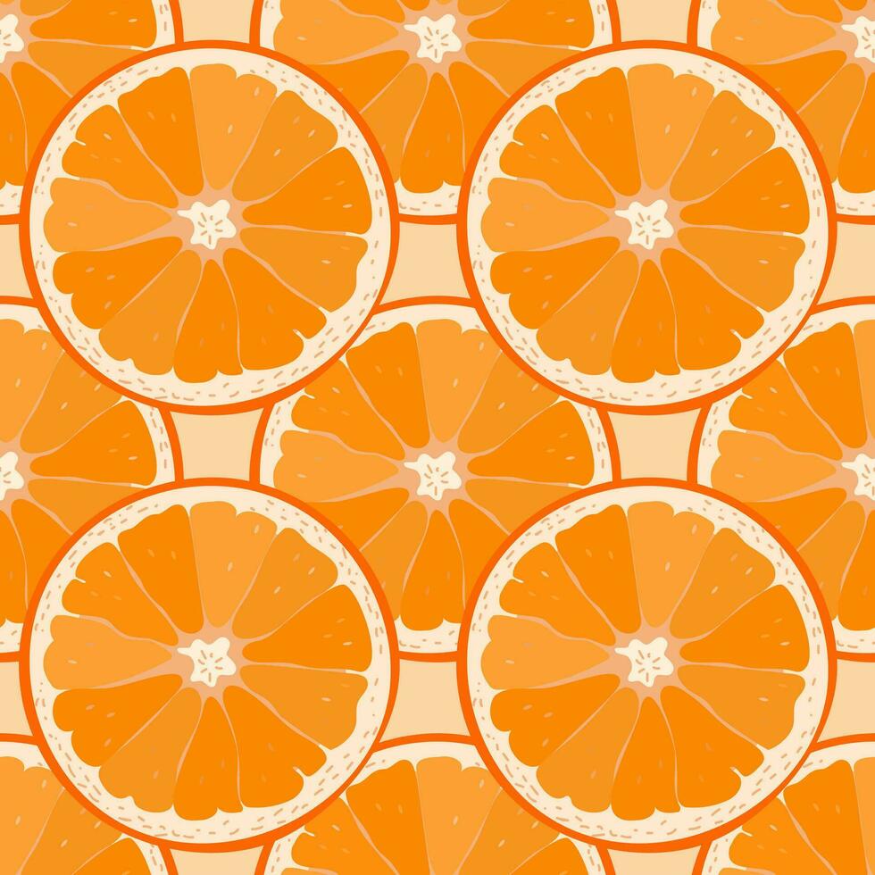 Seamless pattern with big slices of orange fruit. light beige background. For textiles, wallpaper, wrapping paper, menu vector