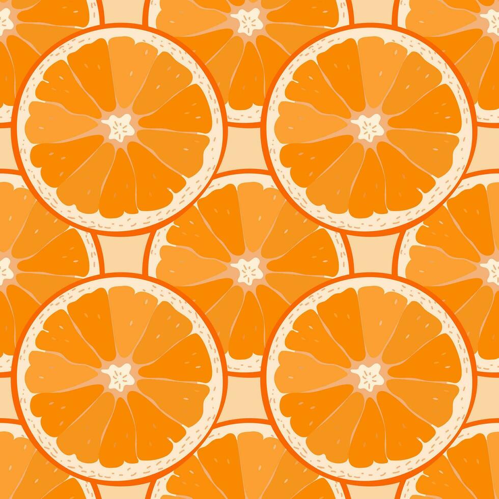 Seamless pattern with big slices of orange fruit. light beige background. For textiles, wallpaper, wrapping paper, menu vector