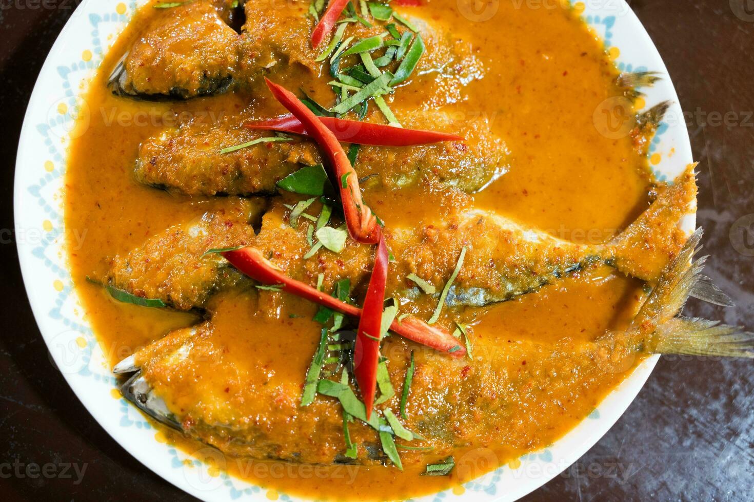 Top view of mackerel in dried red curry photo