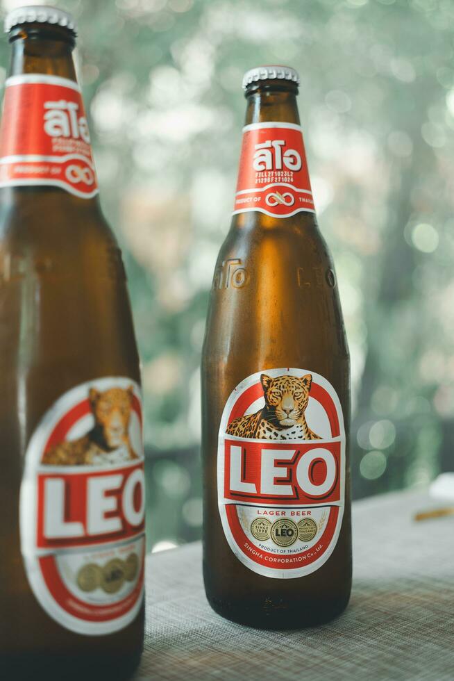 Bangkok Thailand, 24 December 2023 Leo beer logo, international Thai beer. By boon rawd brewery co.,ltd produced of Thailand. photo