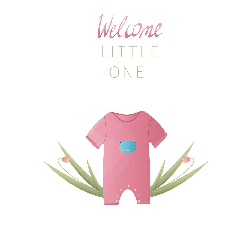 Cute baby card with baby bodysuit and handwritten text. Vector card, cover and invitation.