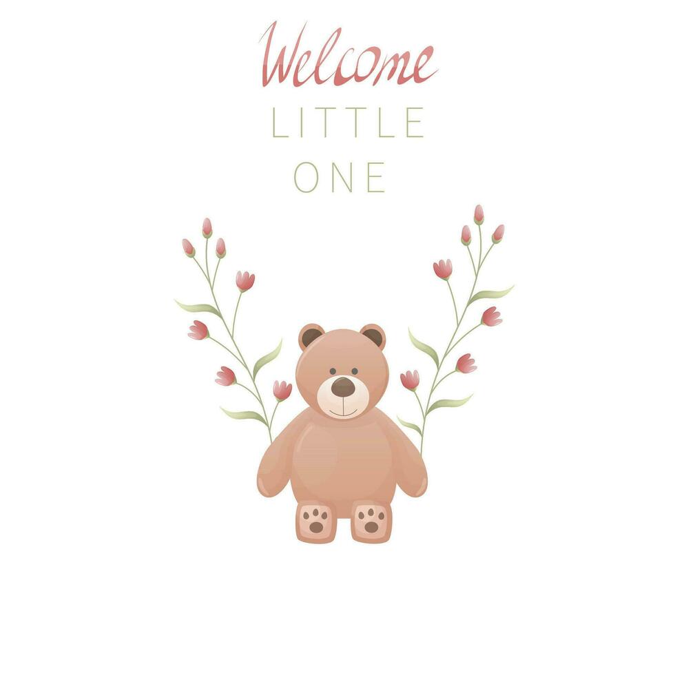 Cute baby card with teddy bear and handwritten text. Vector card, cover and invitation.