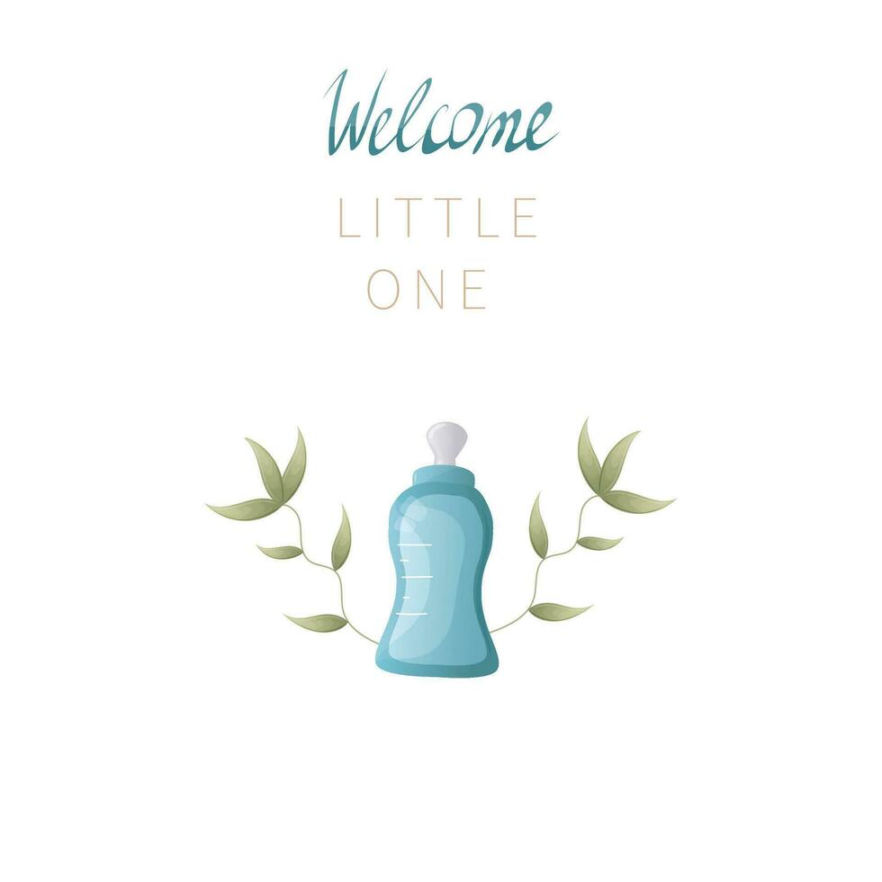 Cute baby car with bottle and handwritten text. Vector card, cover and invitation.