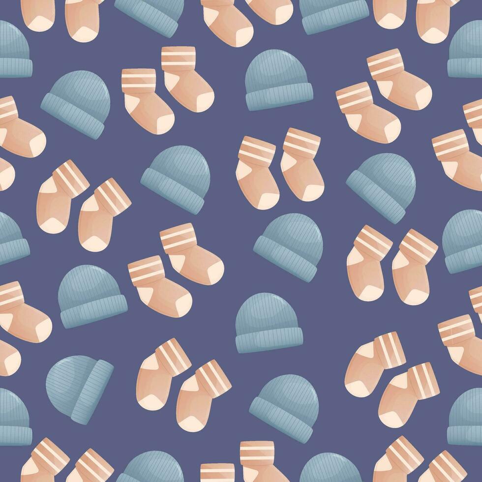 Cute socks and hat baby seamless pattern. vector