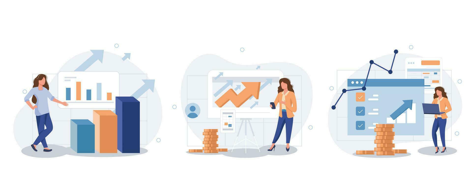 Business growth collection of scenes isolated. People analyze financial data, successful strategy, set in flat design. Vector illustration for blogging, website, mobile app, promotional materials