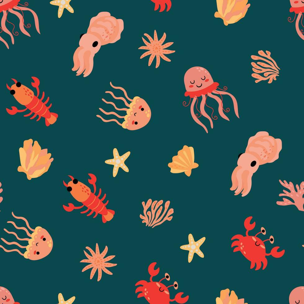 Seamless pattern with sea animals. Crab, crayfish, cuttlefish, jellyfish. Endless design for your design. vector