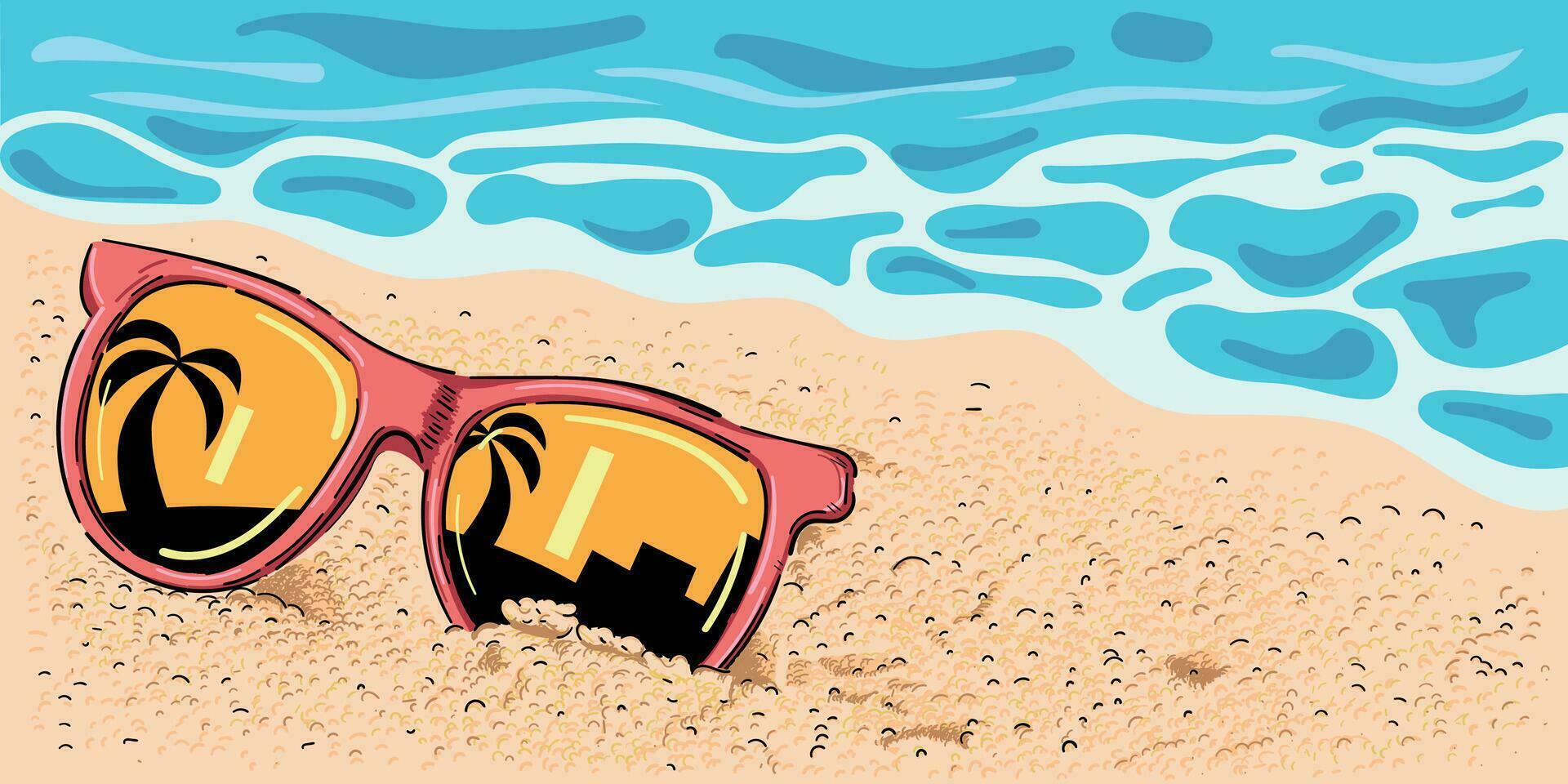 glasses on beach sand and sea background, vector illustration