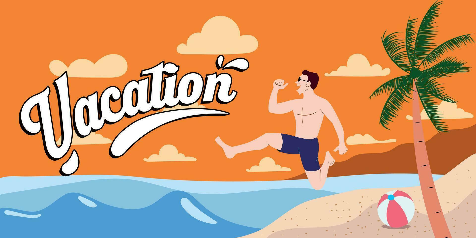 man on the beach jumping into the sea, vector illustration