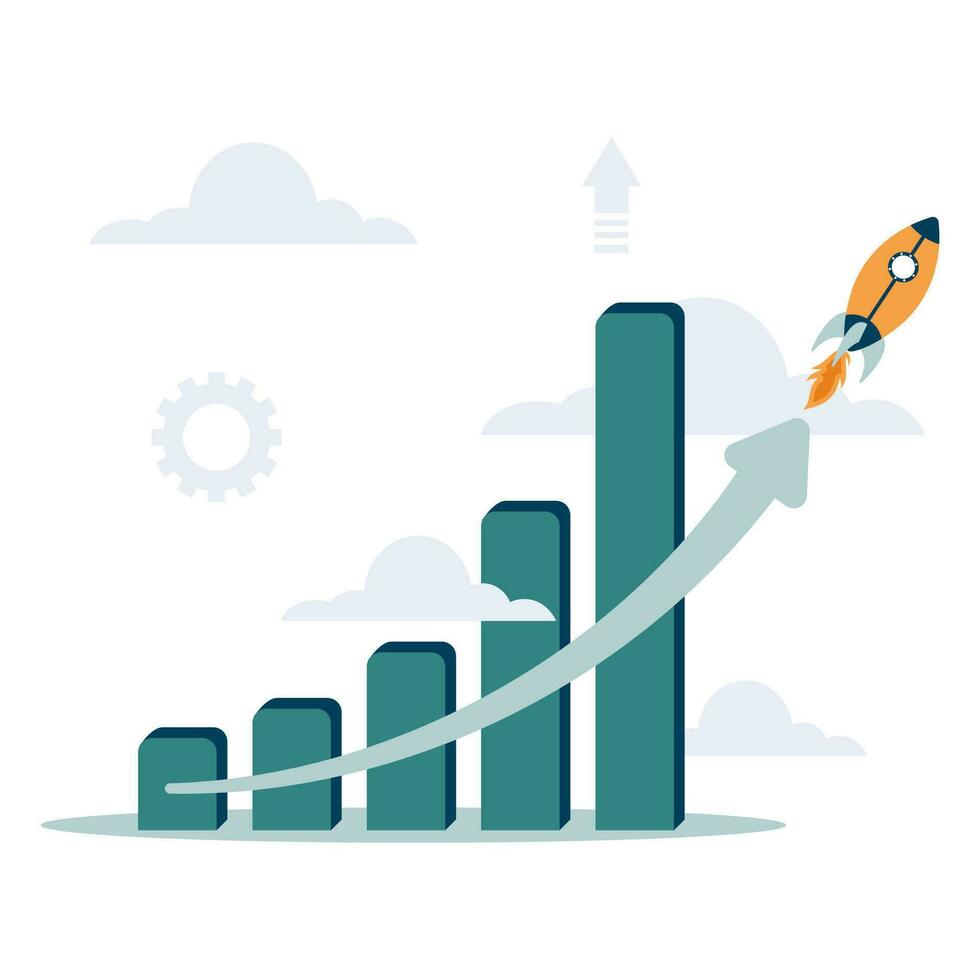 Exponential growth or compound interest, investment, wealth or earning rising up graph, business sales or profit increase concept, financial report graph with exponential arrow from flying rocket vector