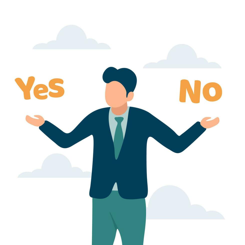 Business decision right or wrong, true or false, correct and incorrect, moral choosing option concept, thoughtful businessman holding right or wrong of left and right hand while making decision vector