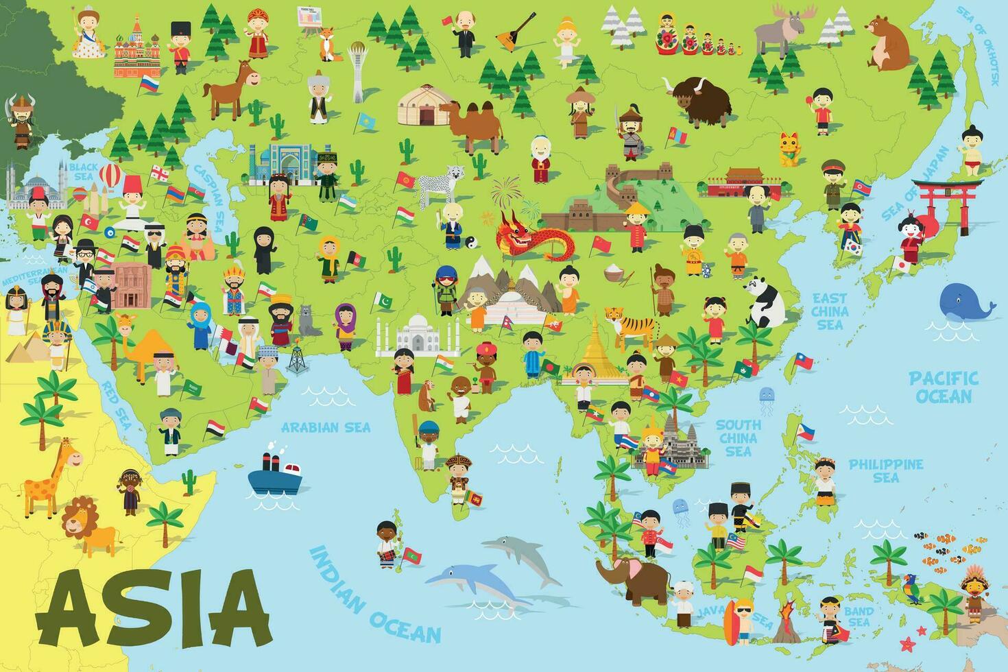 gracioso dibujos animados mapa de Asia con para niños de diferente nacionalidades, representante monumentos, animales y objetos de todas el países. vector ilustración para preescolar educación y niños diseño.