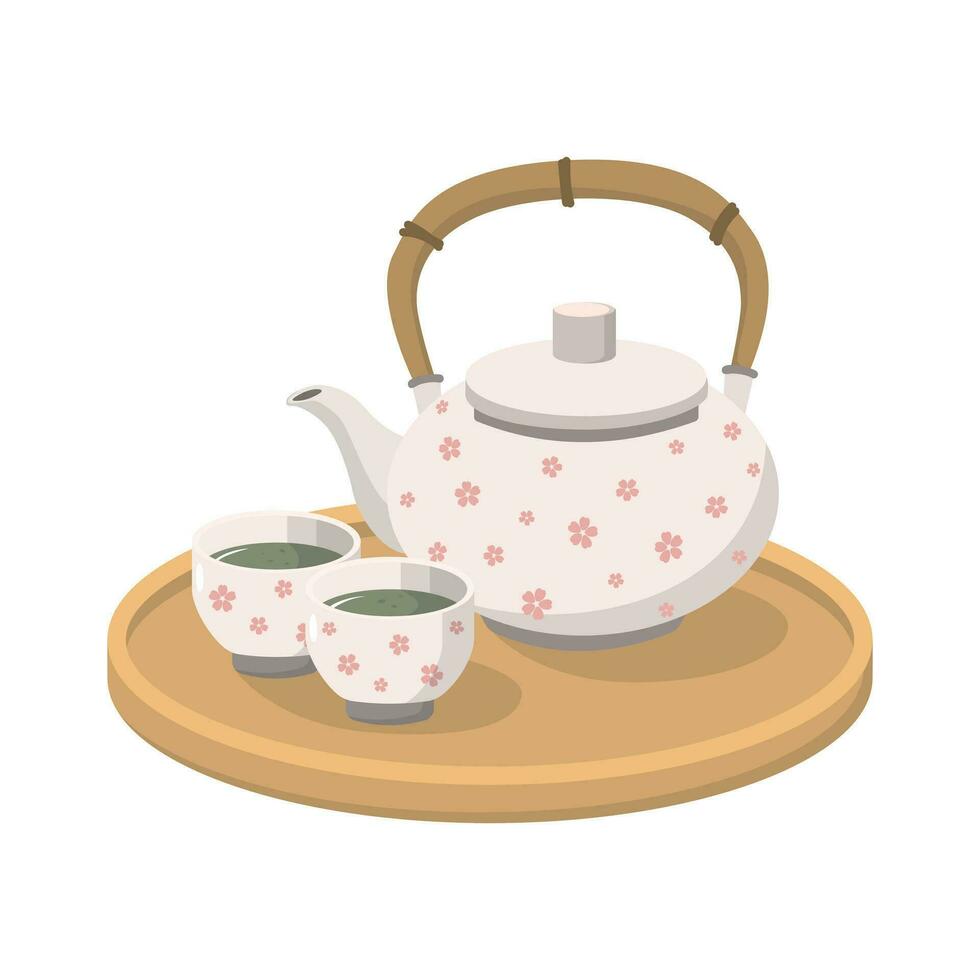 tetera y tazas de té en de madera bandeja, dibujos animados vector ilustración en blanco antecedentes. chino, japonés té ceremonia