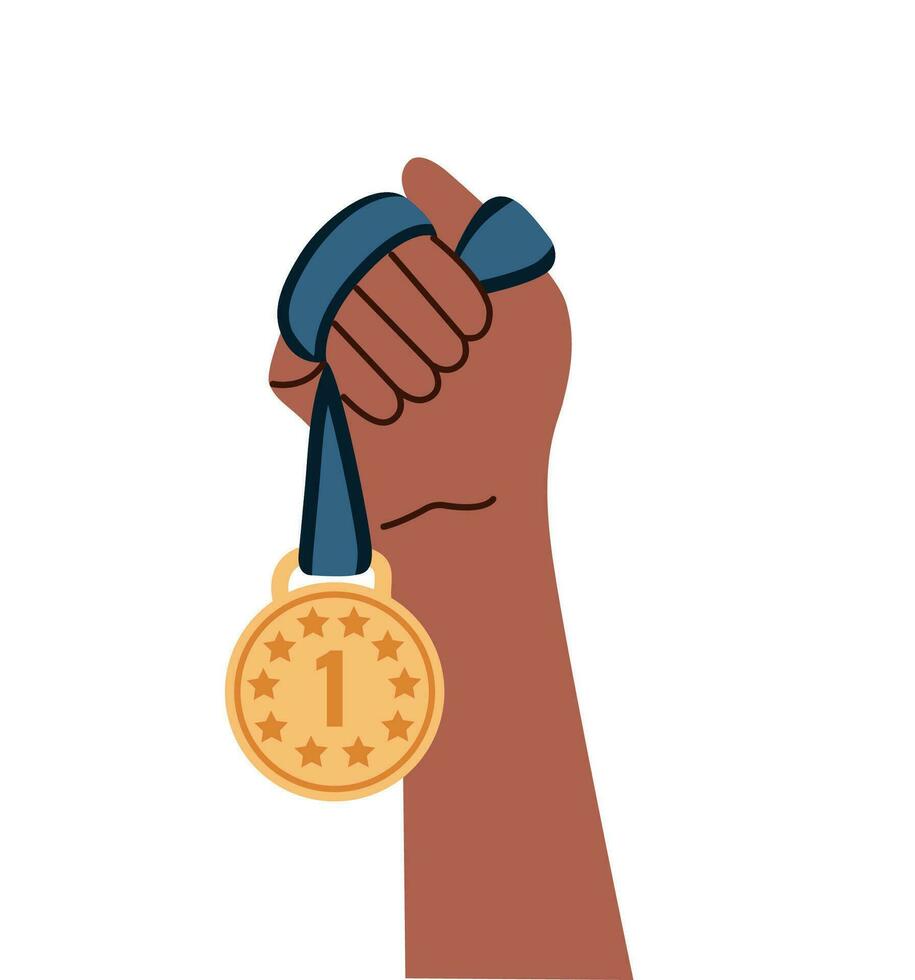 Hand holding gold medal. Symbol of relay race, competition victory, champion or winner. vector