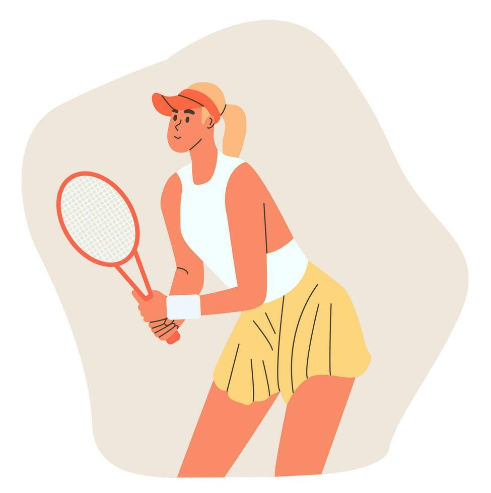 Athletic girl tennis player with racket. Professional individual sport vector illustration. Competition characters.