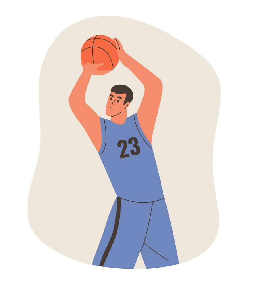 Basketball player throws ball into basket. Competition and achievement. Flat vector illustration. Paris 2024.