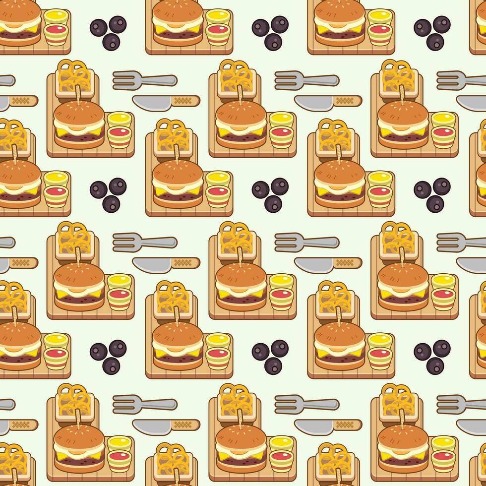 burger with onion rings with chilli sauce and ketchup seamless pattern vector