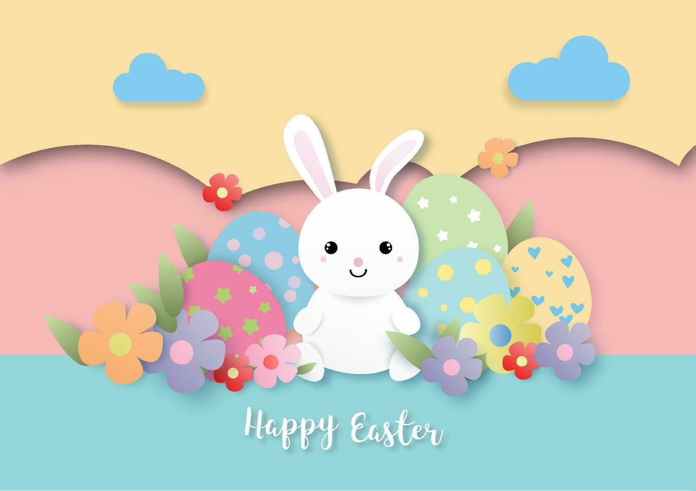 Cute bunny and colored easter eggs on papercut background. vector