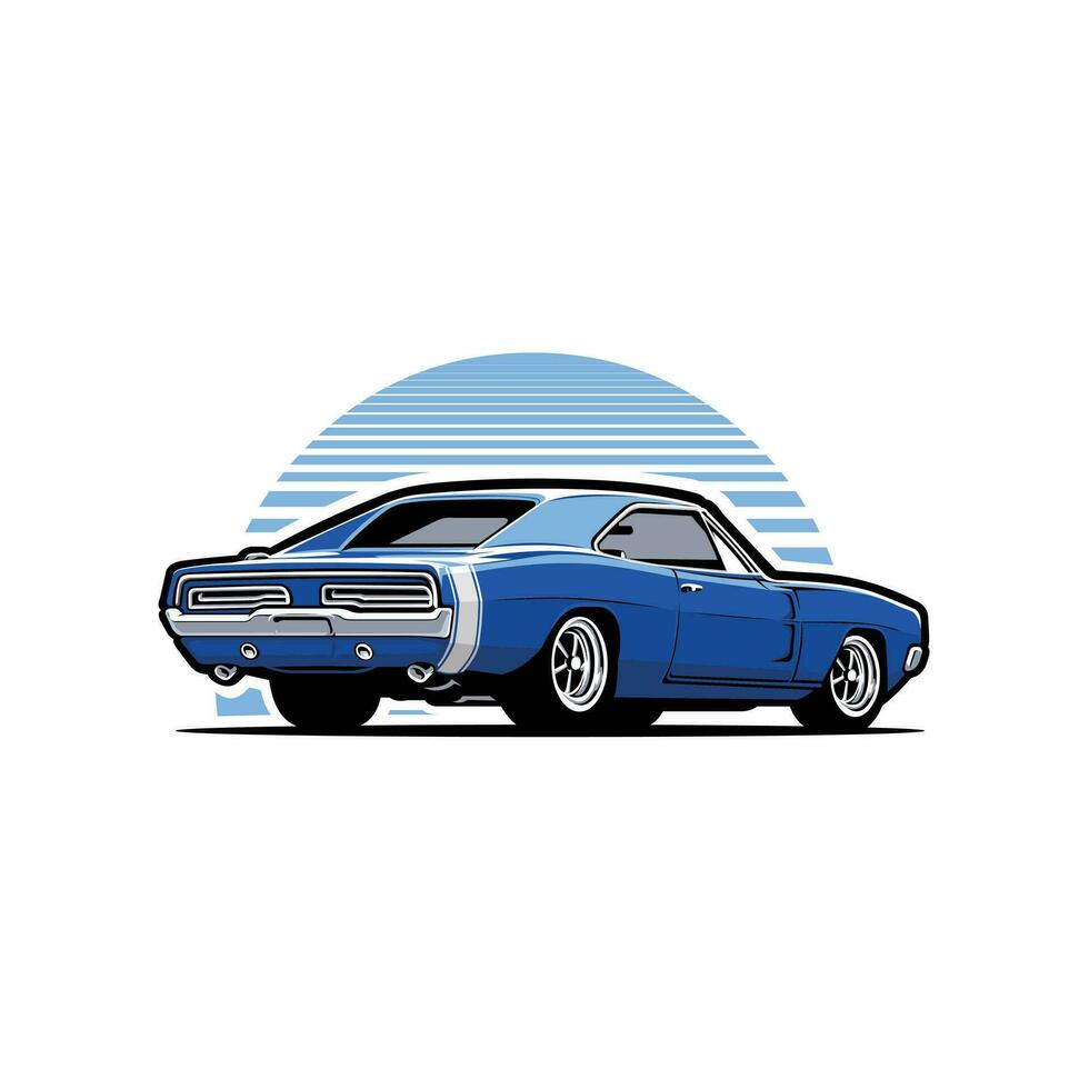 Muscle Car Vector Art Illustration. Rear View Isolated in White Background. Best for Automotive Tshirt Design