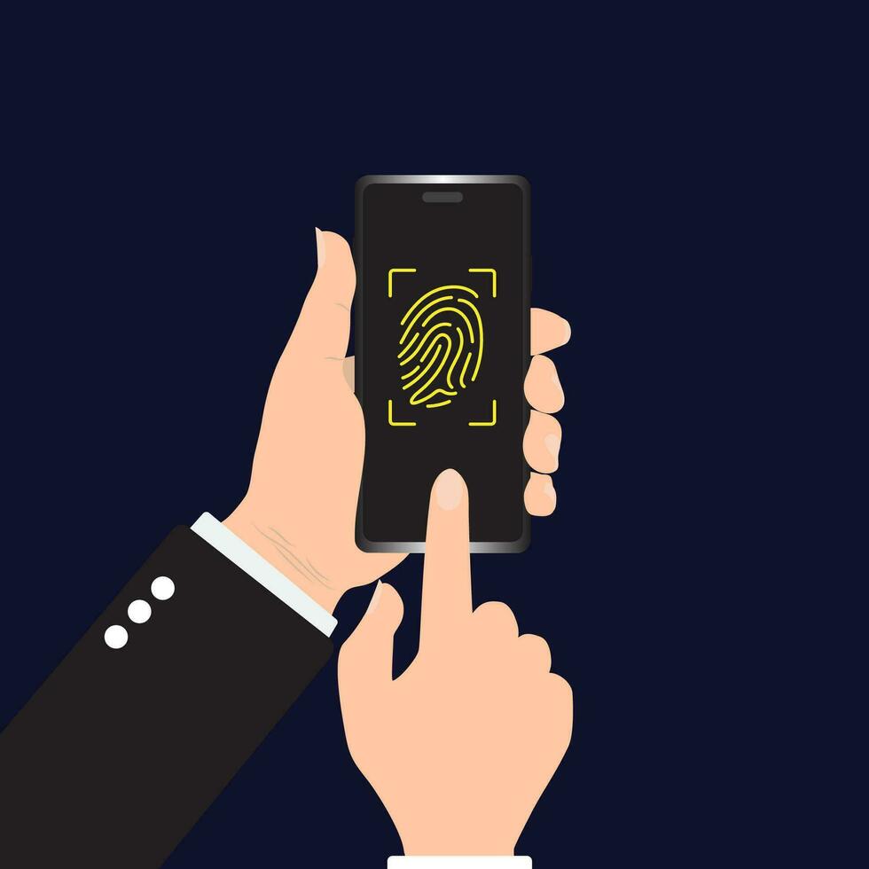 Fingerprint scanning to mobile phone. concept of under screen fingerprint scan to unlock smartphone on black background. vector