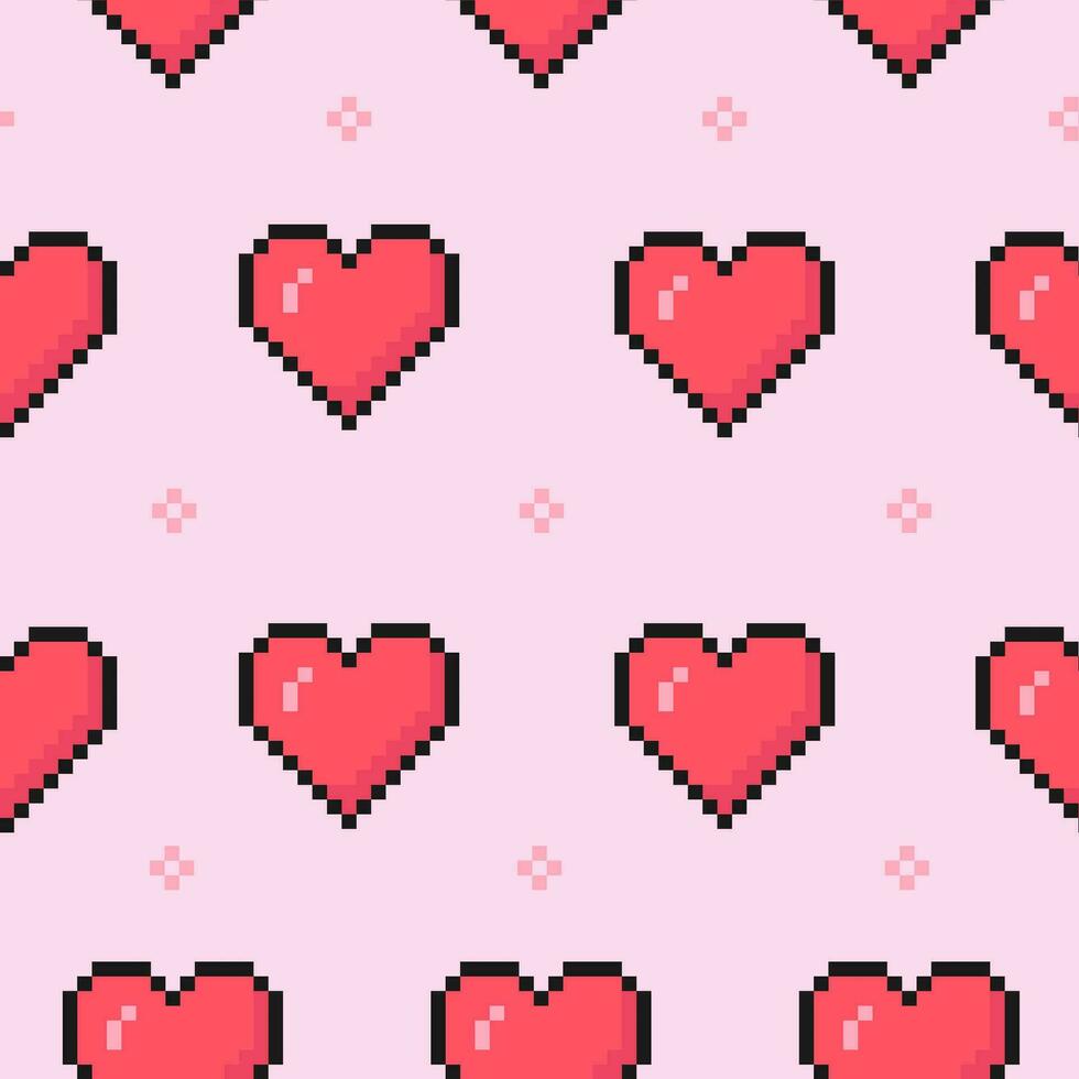 valentine's day pixel heart pattern, retro video game style, seamless pattern for background, wrapping paper, fabric and more, vector illustration