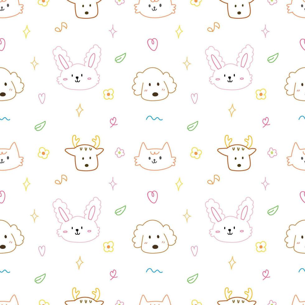 Cute face animal hand drawn doodle seamless pattern background for wrapping and wallpaper. Rabbit, dog, cat and deer. vector