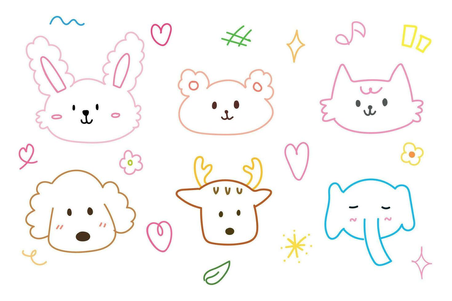 Cute face animal hand drawn doodle for element illustration and kid. Rabbit, bear, elephant, dog, cat and deer. vector