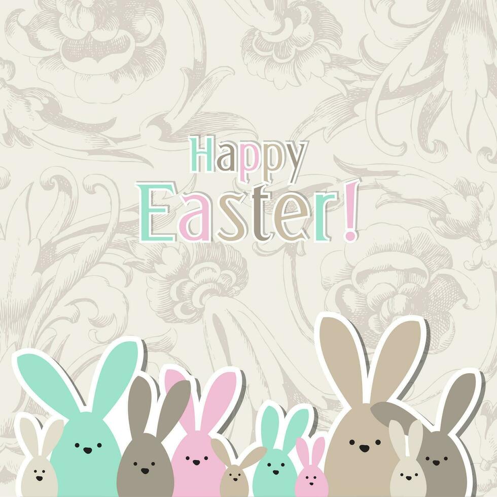 Greeting Easter card, colorful easter bunny family on historical floral background vector