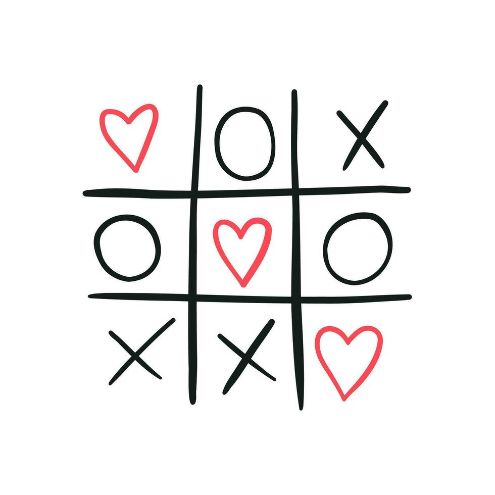 Tic tac toe game with red hearts, hand drawn flat vector illustration isolated on white background. Concepts of love and Valentines day.