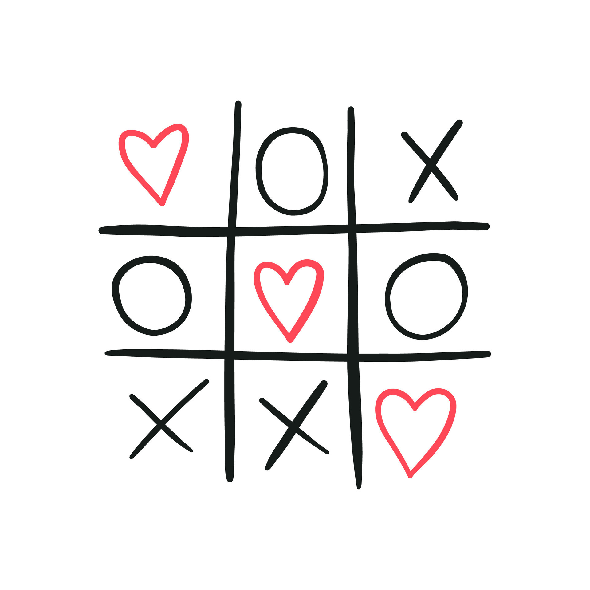 Tic tac toe game with red hearts, hand drawn flat vector illustration