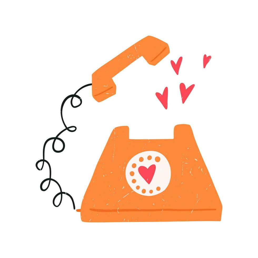 Old dial phone with hearts, flat vector illustration isolated on white background. Retro vintage phone with grunge texture. Concepts of love and Valentines day.