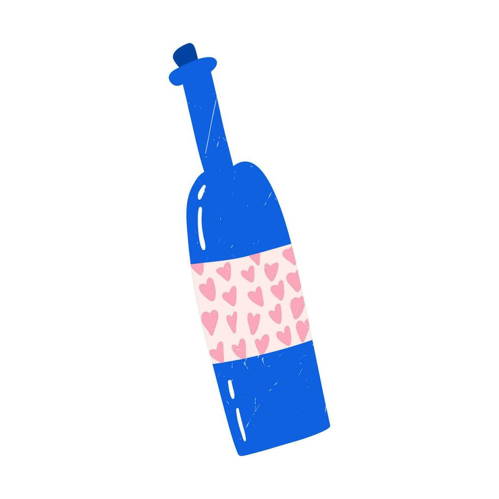 Hand drawn wine bottle with hearts on label. cartoon flat vector illustration isolated on white background. Symbol of love and Valentines day. Drawing with grunge texture.