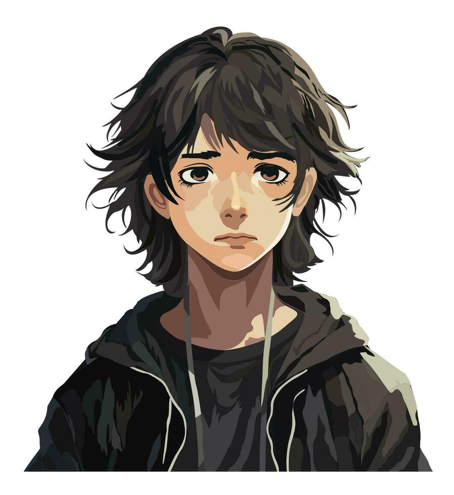 Sad young anime boy in black outfit. Vector isolated illustration