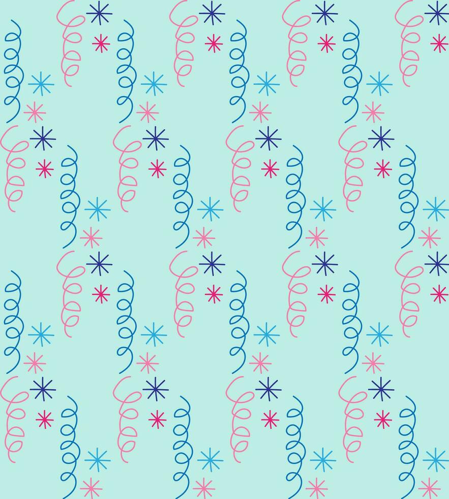 Vector abstract seamless holiday texture in the form of pink spirals and snowflakes on a blue background