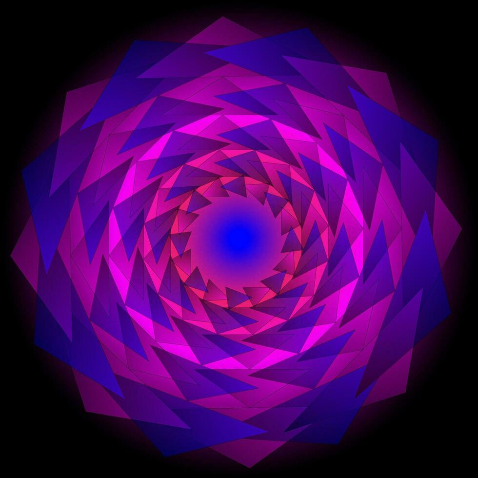 Mandala in the form of a vector geometric pattern with pink and blue triangles arranged in a circle on a black background