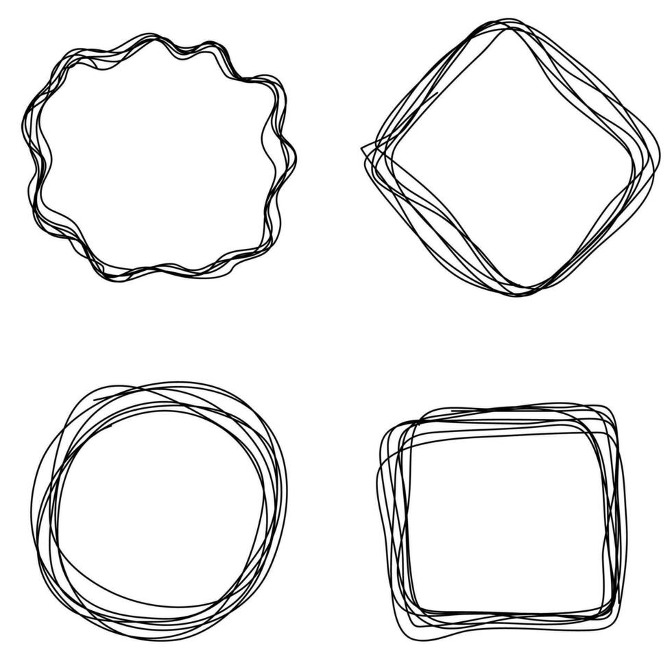 Vector set of four black frames on a white background drawn in doodle style