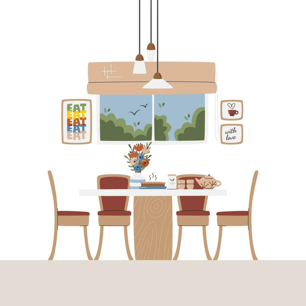 Cute dining room with furniture and tea ceremony set. Modern poster wall art next to window. Tea time home scene with served homemade food. Kitchen interior design hand drawn flat vector illustration