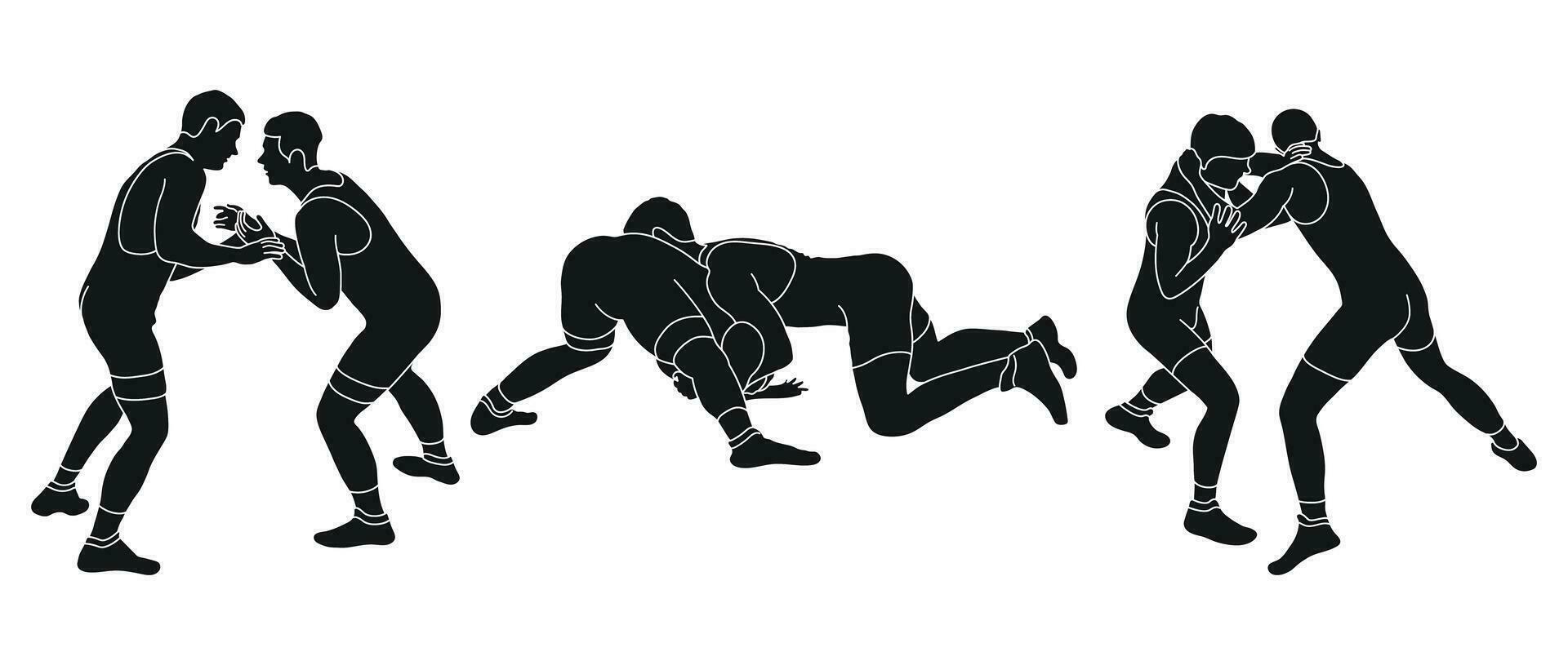 Line sketch of silhouettes athletes wrestler in wrestling, fighting. Greco Roman wrestling, fight, combating, struggle, grappling, duel, mixed martial art, sportsmanship vector