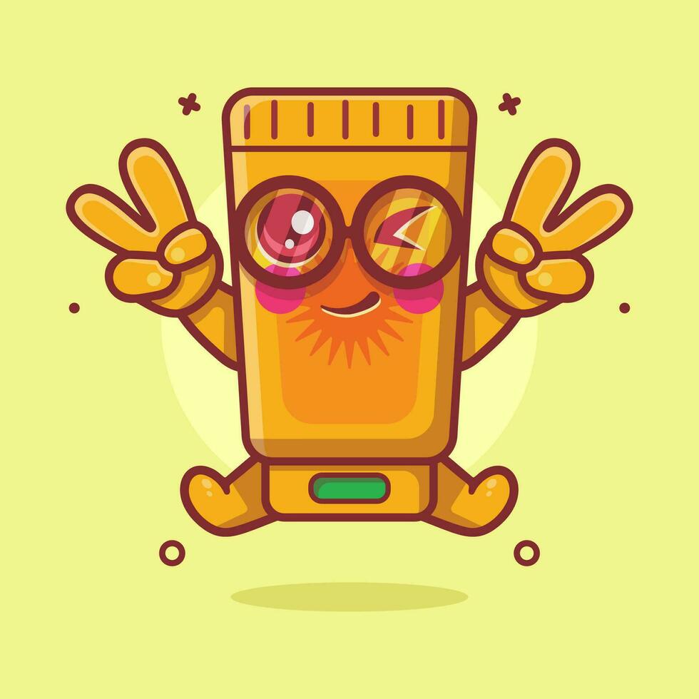 cute sunblock tube character mascot with peace sign hand gesture isolated cartoon in flat style design vector
