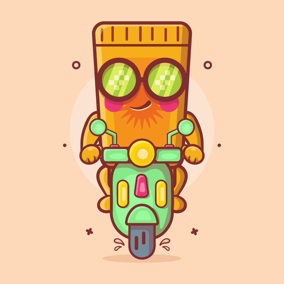 cool sunblock tube character mascot riding scooter motorcycle isolated cartoon in flat style design vector