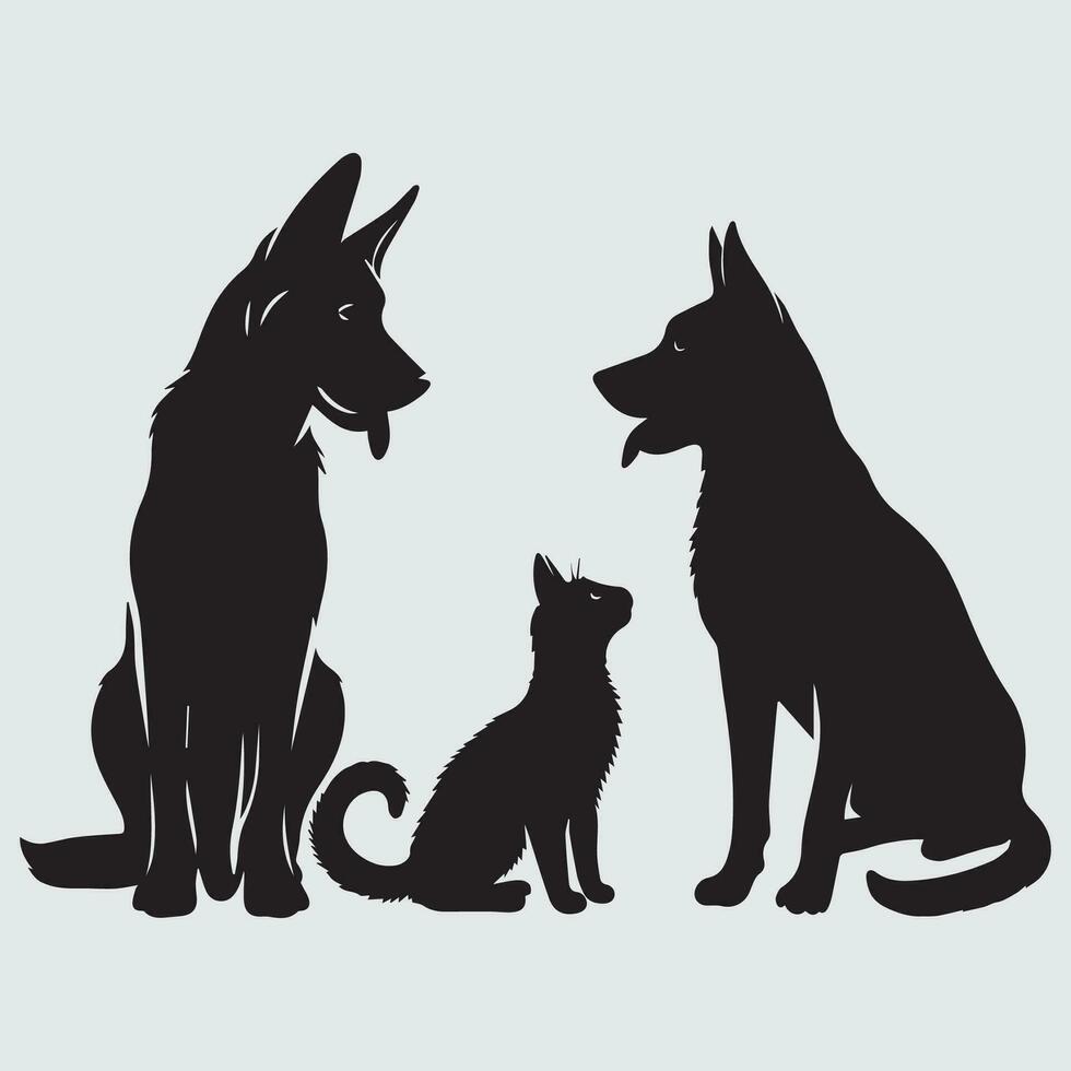 German shepherd, cat and dog silhouettes isolated on white background. vector