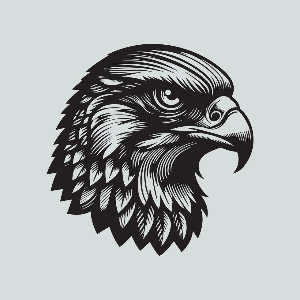 Eagle head in black and white style on gray background. Vector illustration.