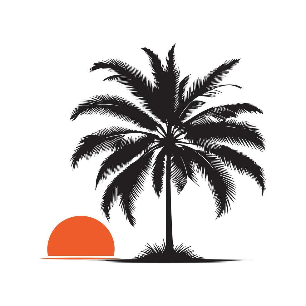 Silhouette of palm trees and sunset on the beach. Vector illustration.