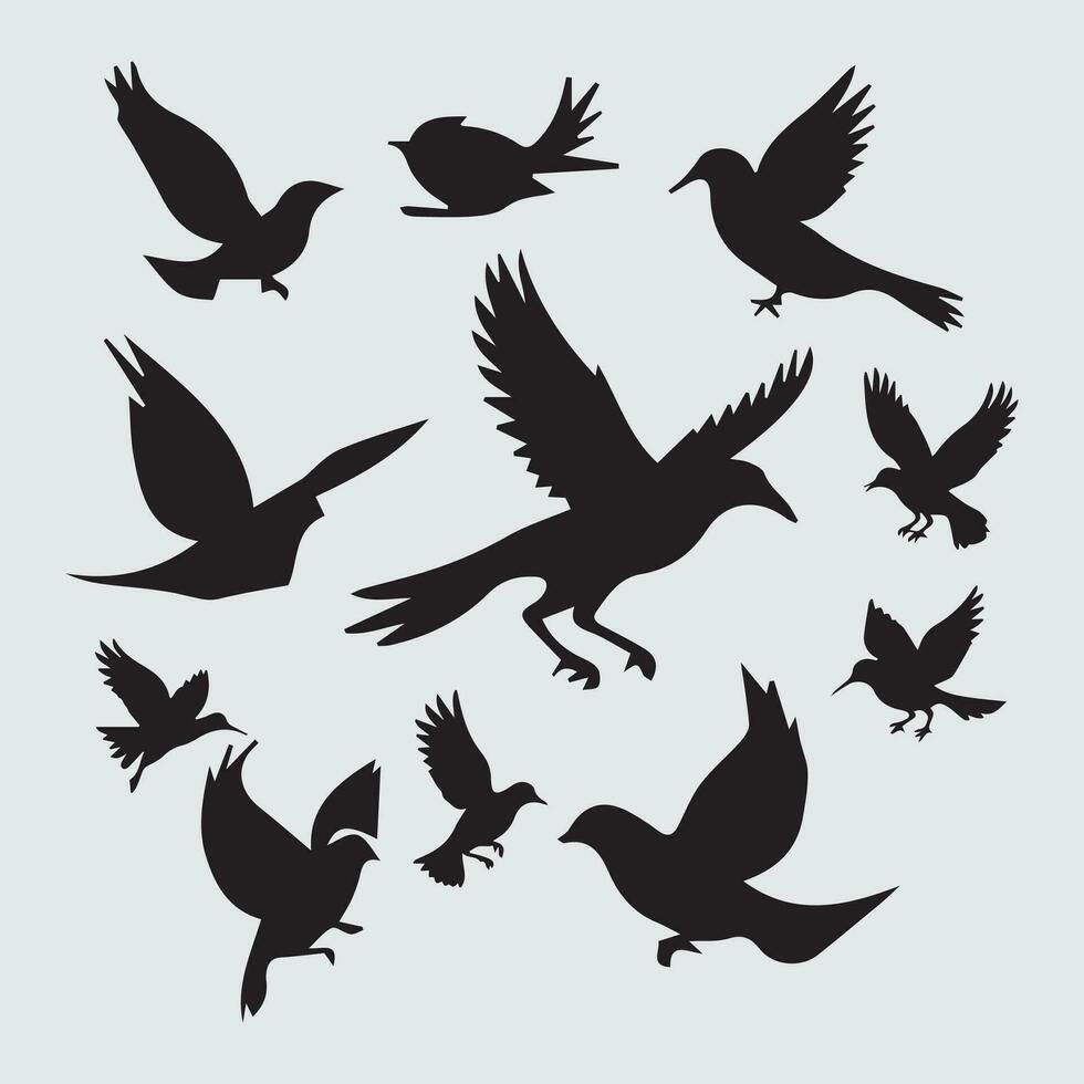 Pigeons icons set. Black silhouettes of birds. Vector illustration